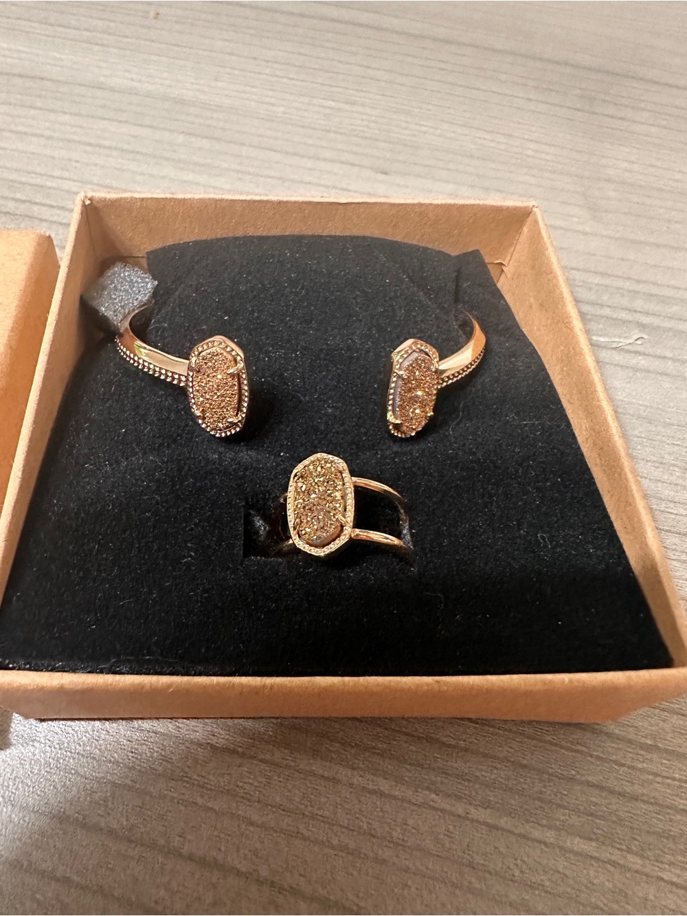 Gold Druzy Cuff Bracelet and Ring Set - Women Jewelry